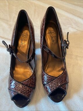 Life Stride Women's Dark Brown Snakeskin Peep-Toe Heels with Ankle Strap